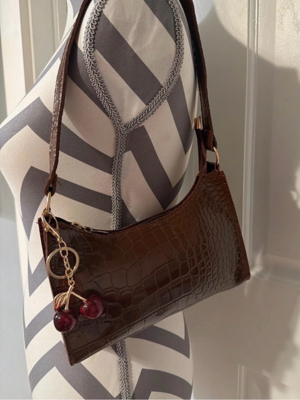 Chocolate Brown Purse Croc-Embossed Shoulder Bag with Cherry Charm NWOT